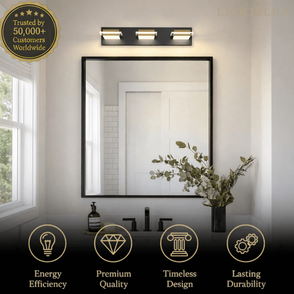 Arcato Modern 3-Light Bathroom Vanity – Cube Acrylic Shades on Matte Black & Gold Bathroom