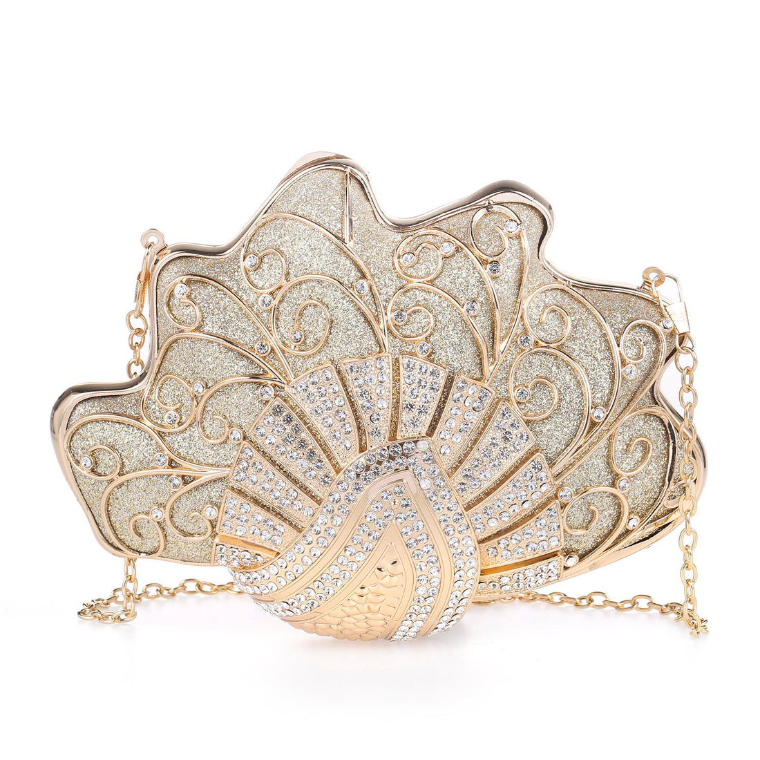 VAELON Shell-Shaped Rhinestone Evening Clutch – Luxury Hard-Shell Handbag for Weddings & Galas
